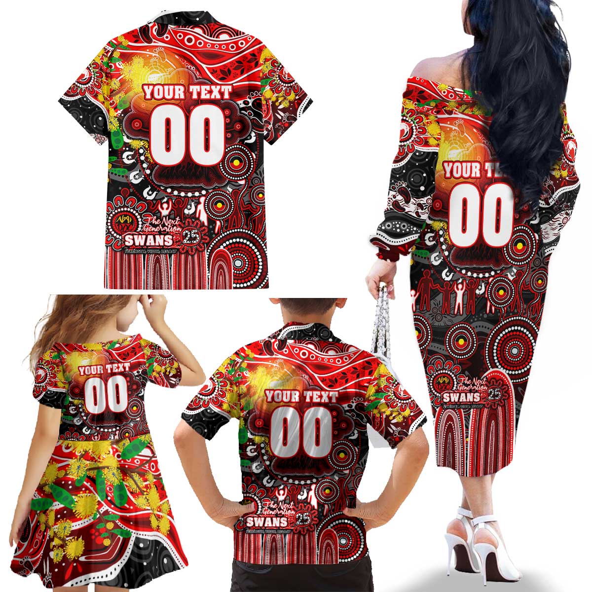 Personalised NAIDOC Week 2025 Swans Football Family Matching Off The Shoulder Long Sleeve Dress and Hawaiian Shirt Aboriginal Dot Painting