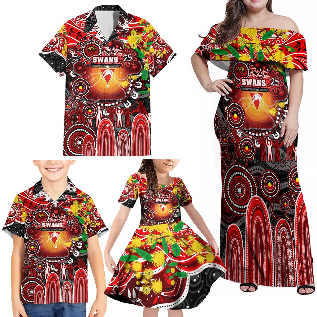 Personalised NAIDOC Week 2025 Swans Football Family Matching Off Shoulder Maxi Dress and Hawaiian Shirt Aboriginal Dot Painting