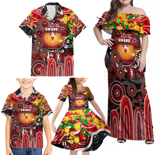 Personalised NAIDOC Week 2025 Swans Football Family Matching Off Shoulder Maxi Dress and Hawaiian Shirt Aboriginal Dot Painting