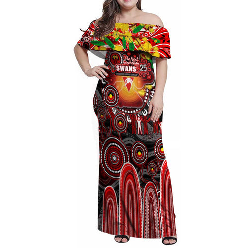 Personalised NAIDOC Week 2025 Swans Football Family Matching Off Shoulder Maxi Dress and Hawaiian Shirt Aboriginal Dot Painting