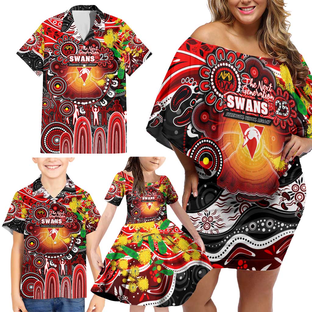 Personalised NAIDOC Week 2025 Swans Football Family Matching Off Shoulder Short Dress and Hawaiian Shirt Aboriginal Dot Painting