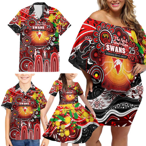 Personalised NAIDOC Week 2025 Swans Football Family Matching Off Shoulder Short Dress and Hawaiian Shirt Aboriginal Dot Painting
