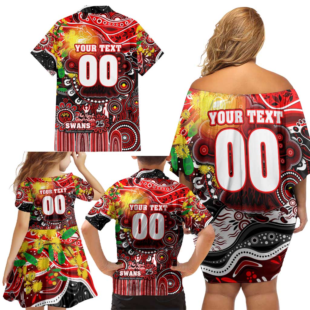 Personalised NAIDOC Week 2025 Swans Football Family Matching Off Shoulder Short Dress and Hawaiian Shirt Aboriginal Dot Painting