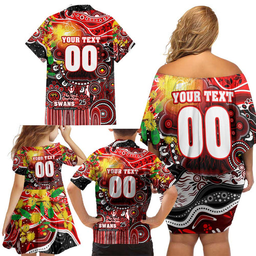 Personalised NAIDOC Week 2025 Swans Football Family Matching Off Shoulder Short Dress and Hawaiian Shirt Aboriginal Dot Painting