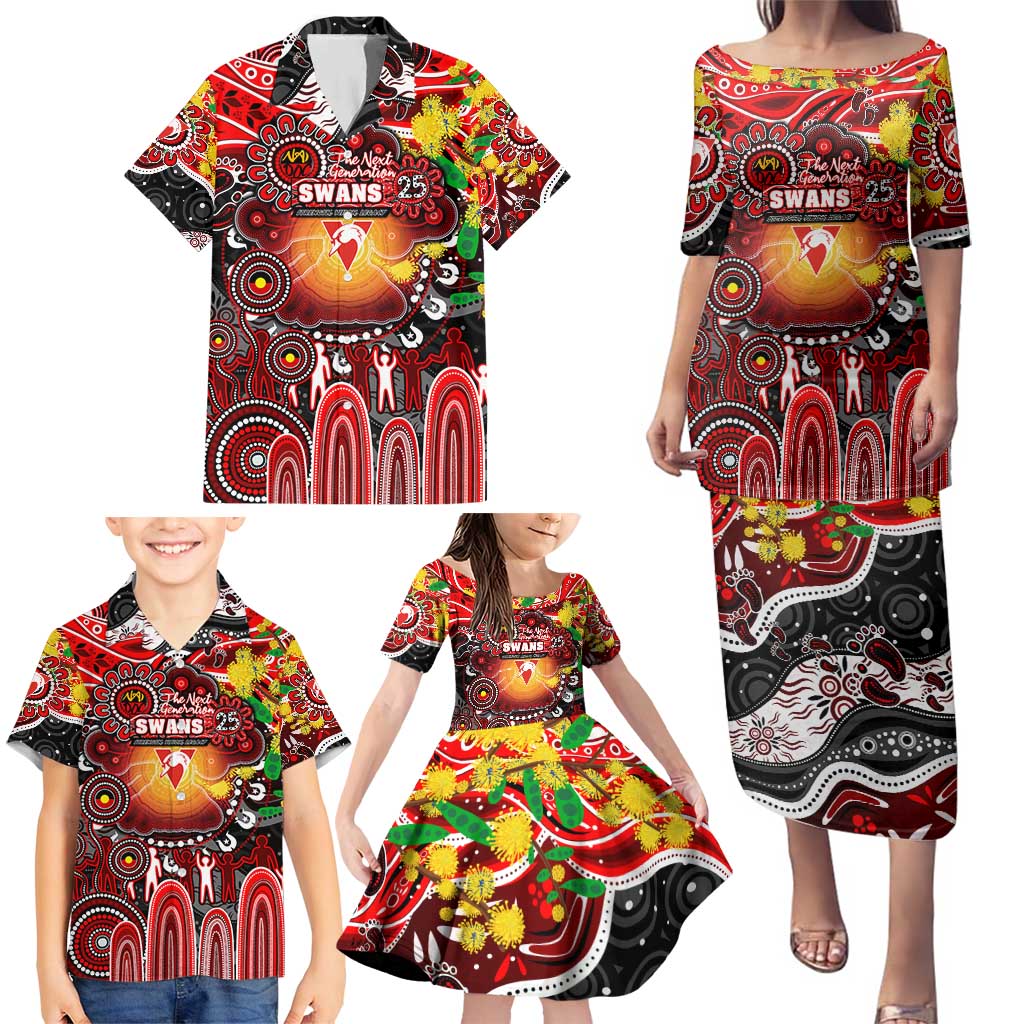 Personalised NAIDOC Week 2025 Swans Football Family Matching Puletasi and Hawaiian Shirt Aboriginal Dot Painting