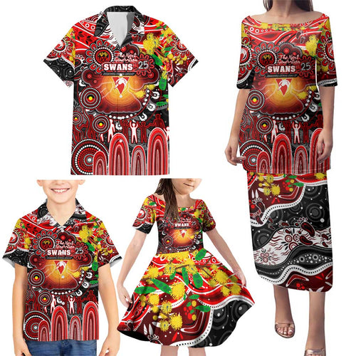 Personalised NAIDOC Week 2025 Swans Football Family Matching Puletasi and Hawaiian Shirt Aboriginal Dot Painting