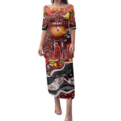 Personalised NAIDOC Week 2025 Swans Football Family Matching Puletasi and Hawaiian Shirt Aboriginal Dot Painting