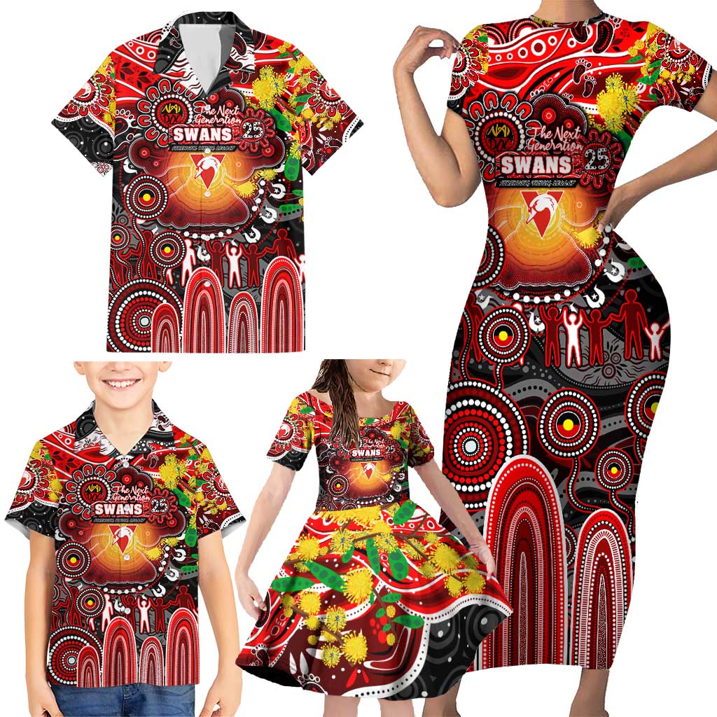 Personalised NAIDOC Week 2025 Swans Football Family Matching Short Sleeve Bodycon Dress and Hawaiian Shirt Aboriginal Dot Painting