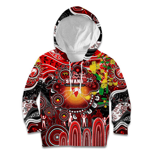 Personalised NAIDOC Week 2025 Swans Football Kid Hoodie Aboriginal Dot Painting