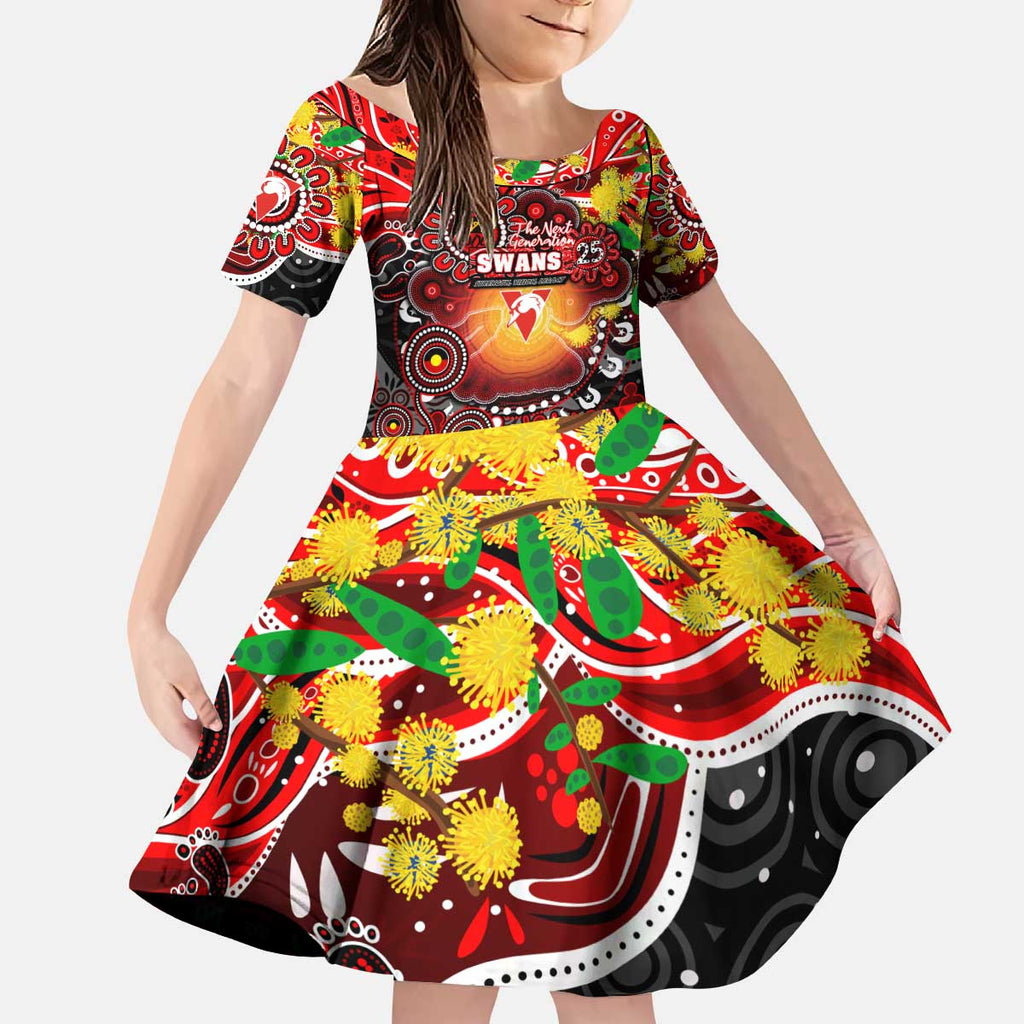 Personalised NAIDOC Week 2025 Swans Football Kid Short Sleeve Dress Aboriginal Dot Painting