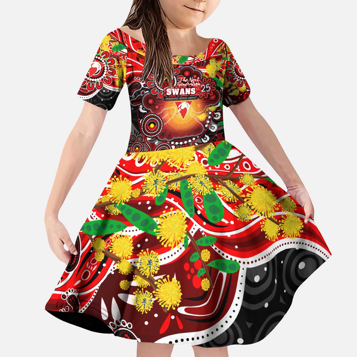 Personalised NAIDOC Week 2025 Swans Football Kid Short Sleeve Dress Aboriginal Dot Painting