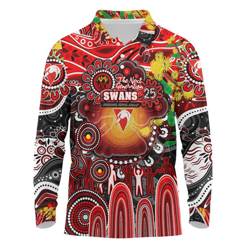 Personalised NAIDOC Week 2025 Swans Football Long Sleeve Polo Shirt Aboriginal Dot Painting