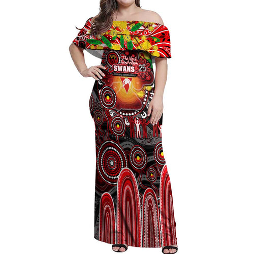 Personalised NAIDOC Week 2025 Swans Football Off Shoulder Maxi Dress Aboriginal Dot Painting