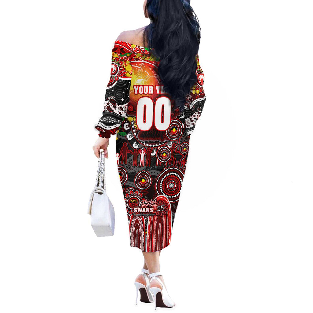 Personalised NAIDOC Week 2025 Swans Football Off The Shoulder Long Sleeve Dress Aboriginal Dot Painting