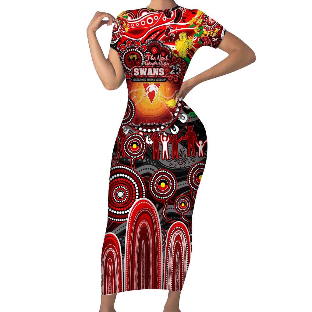 Personalised NAIDOC Week 2025 Swans Football Short Sleeve Bodycon Dress Aboriginal Dot Painting