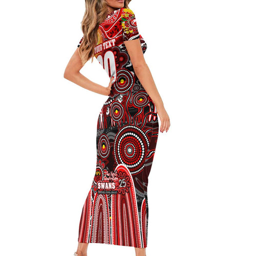 Personalised NAIDOC Week 2025 Swans Football Short Sleeve Bodycon Dress Aboriginal Dot Painting