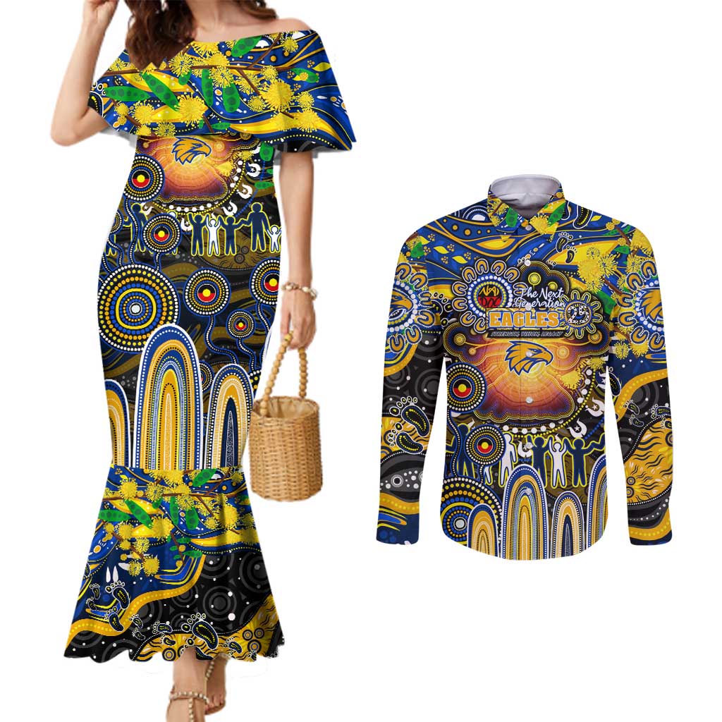 Personalised NAIDOC Week 2025 Eagles Football Couples Matching Mermaid Dress and Long Sleeve Button Shirt Aboriginal Dot Painting