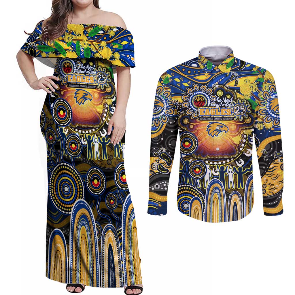 Personalised NAIDOC Week 2025 Eagles Football Couples Matching Off Shoulder Maxi Dress and Long Sleeve Button Shirt Aboriginal Dot Painting