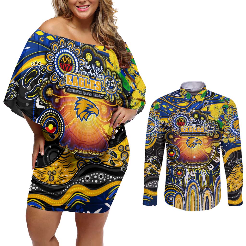 Personalised NAIDOC Week 2025 Eagles Football Couples Matching Off Shoulder Short Dress and Long Sleeve Button Shirt Aboriginal Dot Painting