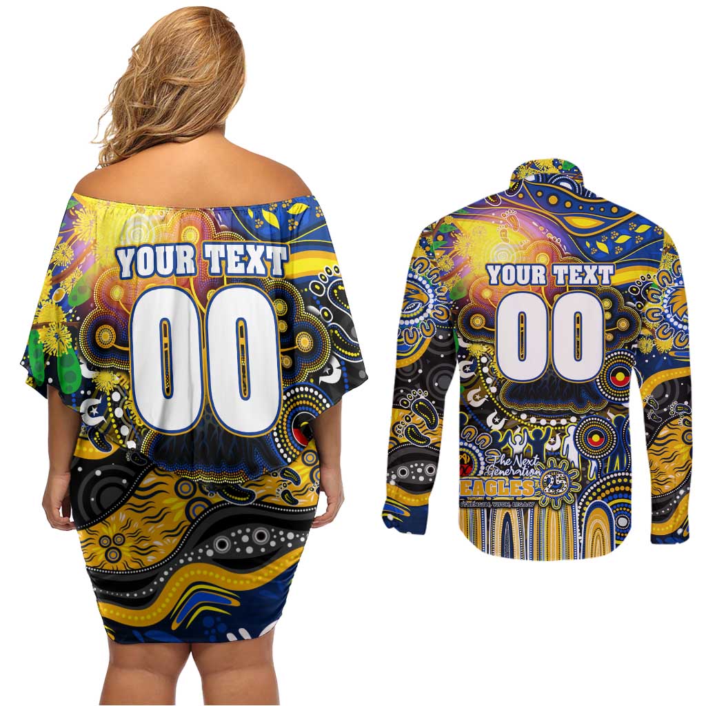 Personalised NAIDOC Week 2025 Eagles Football Couples Matching Off Shoulder Short Dress and Long Sleeve Button Shirt Aboriginal Dot Painting