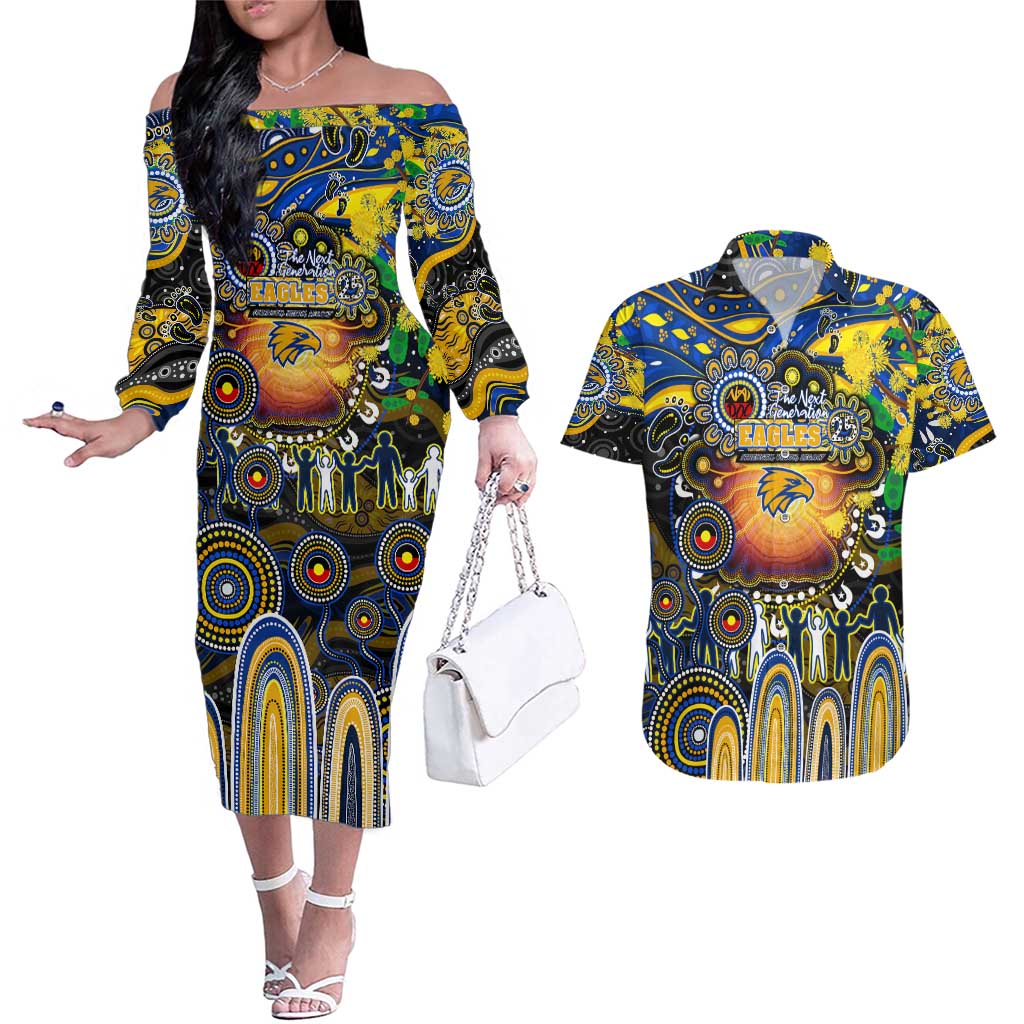Personalised NAIDOC Week 2025 Eagles Football Couples Matching Off The Shoulder Long Sleeve Dress and Hawaiian Shirt Aboriginal Dot Painting