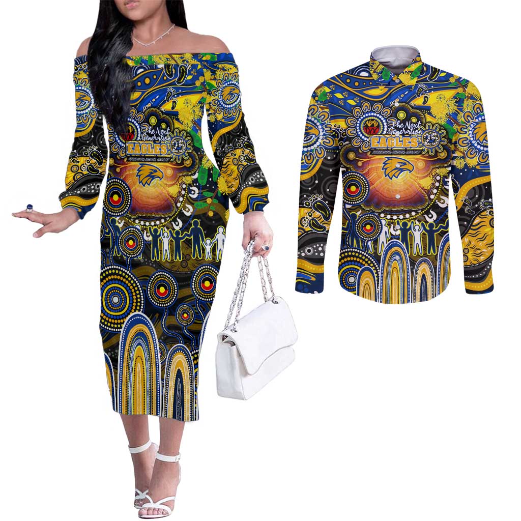 Personalised NAIDOC Week 2025 Eagles Football Couples Matching Off The Shoulder Long Sleeve Dress and Long Sleeve Button Shirt Aboriginal Dot Painting