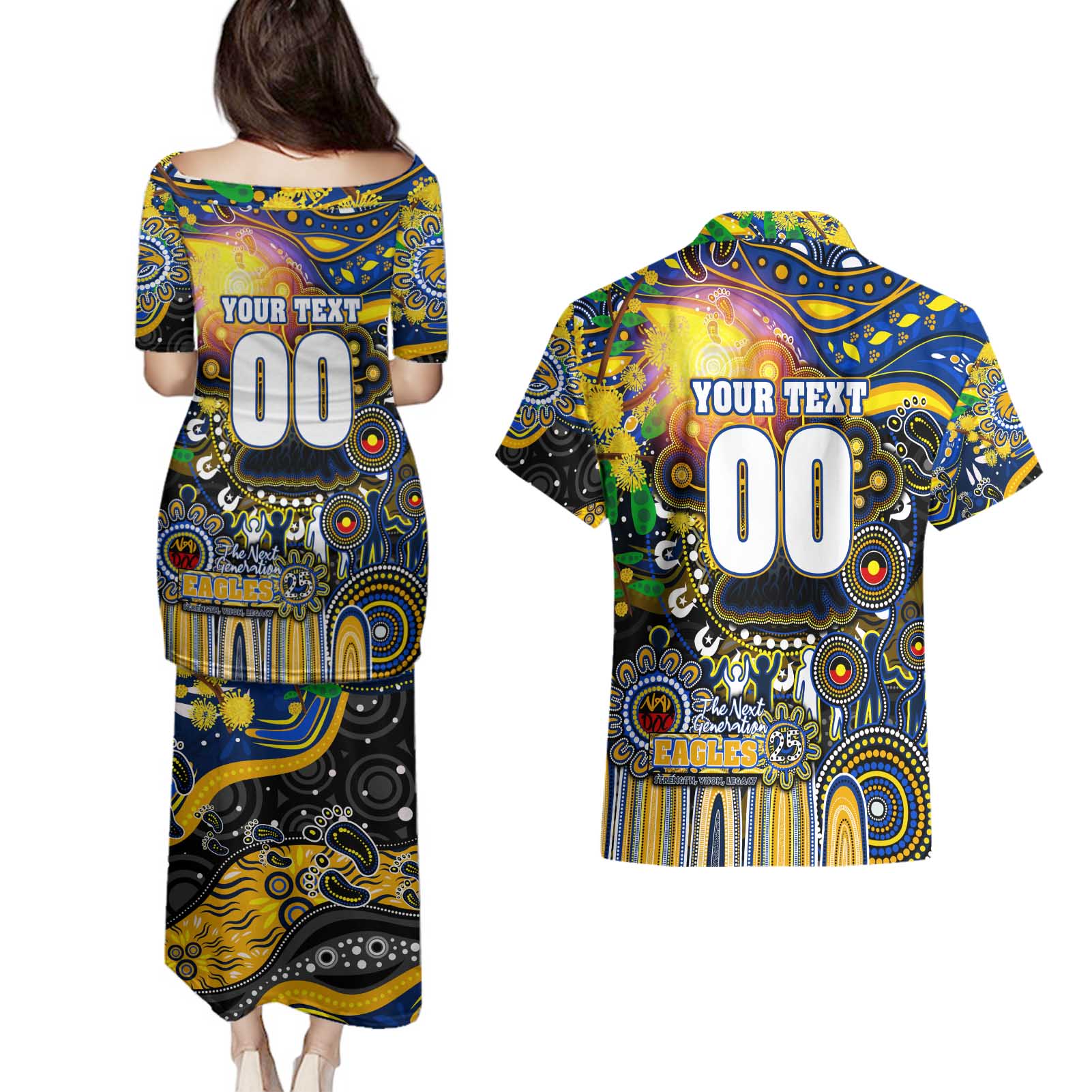 Personalised NAIDOC Week 2025 Eagles Football Couples Matching Puletasi and Hawaiian Shirt Aboriginal Dot Painting