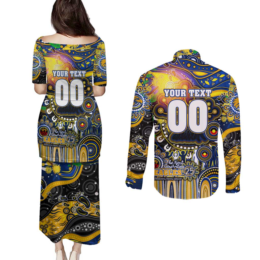 Personalised NAIDOC Week 2025 Eagles Football Couples Matching Puletasi and Long Sleeve Button Shirt Aboriginal Dot Painting