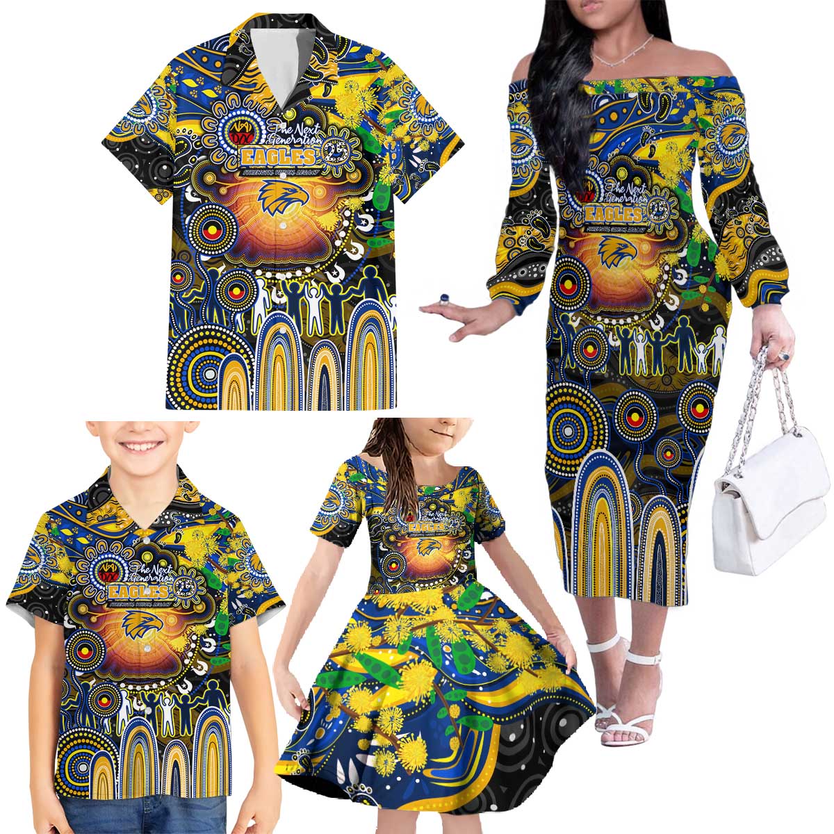 Personalised NAIDOC Week 2025 Eagles Football Family Matching Off The Shoulder Long Sleeve Dress and Hawaiian Shirt Aboriginal Dot Painting