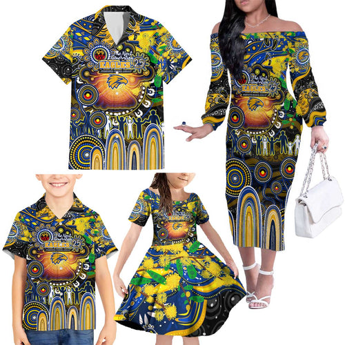 Personalised NAIDOC Week 2025 Eagles Football Family Matching Off The Shoulder Long Sleeve Dress and Hawaiian Shirt Aboriginal Dot Painting