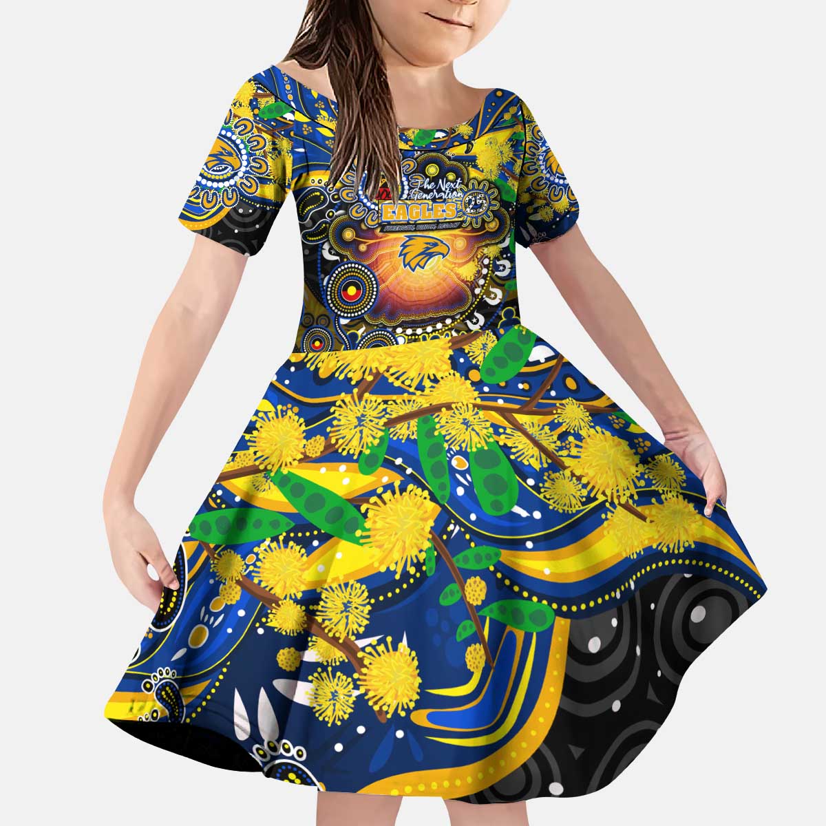 Personalised NAIDOC Week 2025 Eagles Football Kid Short Sleeve Dress Aboriginal Dot Painting
