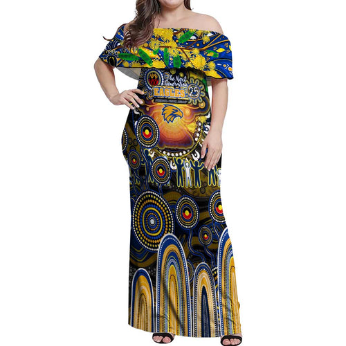 Personalised NAIDOC Week 2025 Eagles Football Off Shoulder Maxi Dress Aboriginal Dot Painting