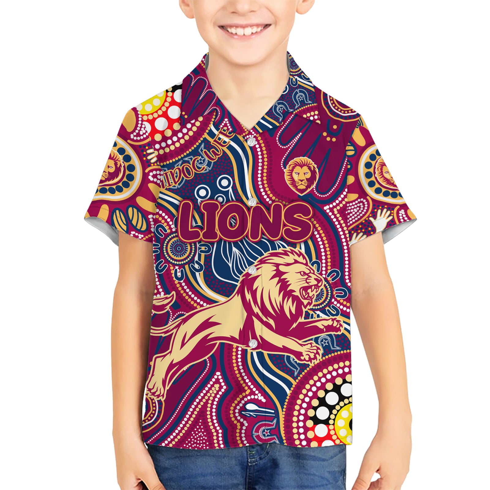 Personalised NAIDOC Week 2024 Brisbane Lions Kid Hawaiian Shirt Australian Aboriginal Hand Painting