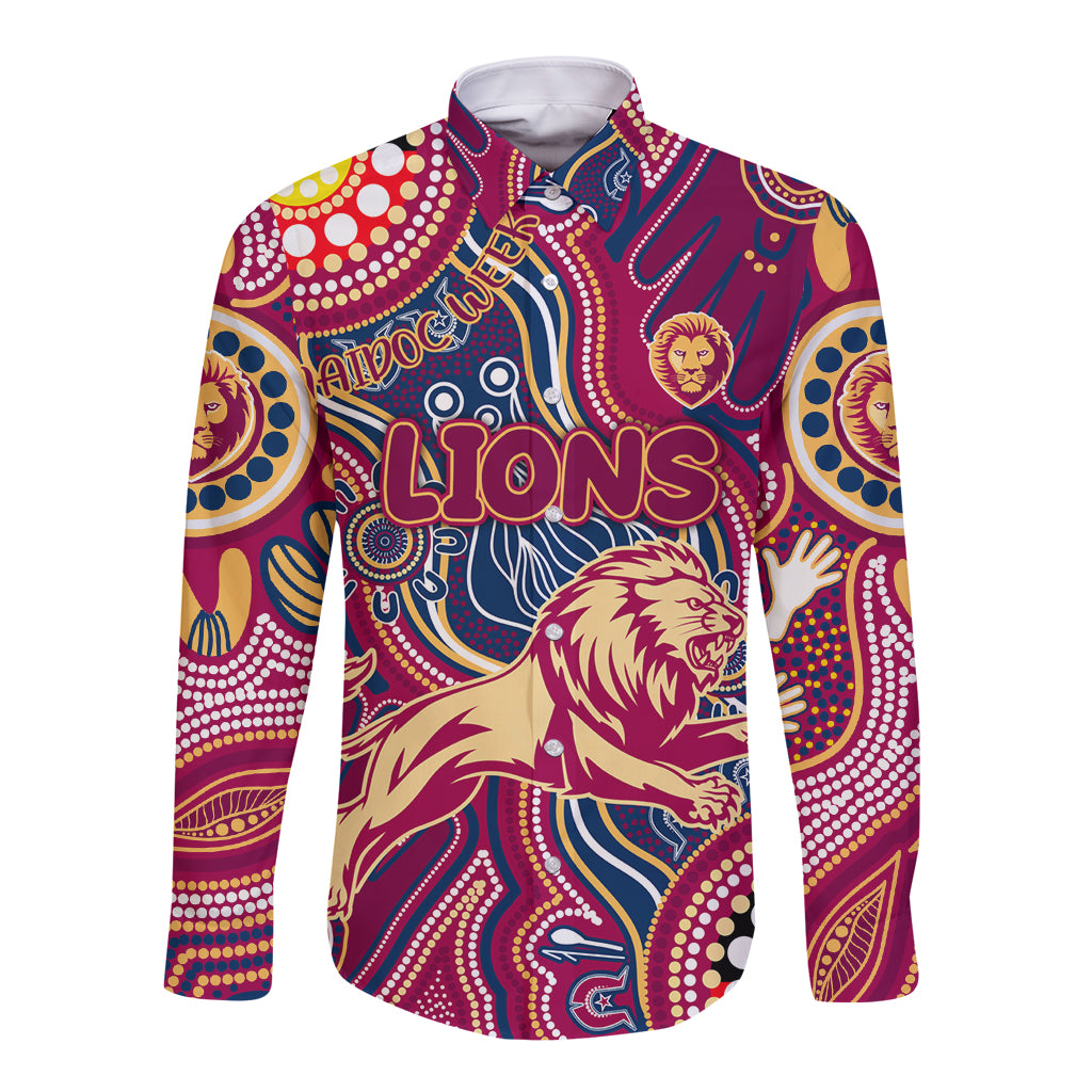 Personalised NAIDOC Week 2024 Brisbane Lions Long Sleeve Button Shirt Australian Aboriginal Hand Painting