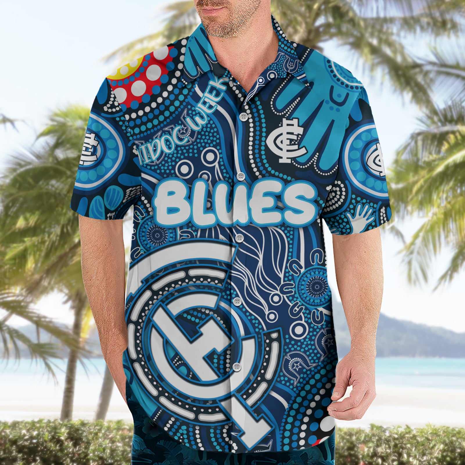 Personalised NAIDOC Week 2024 Carlton Blues Hawaiian Shirt Australian Aboriginal Hand Painting