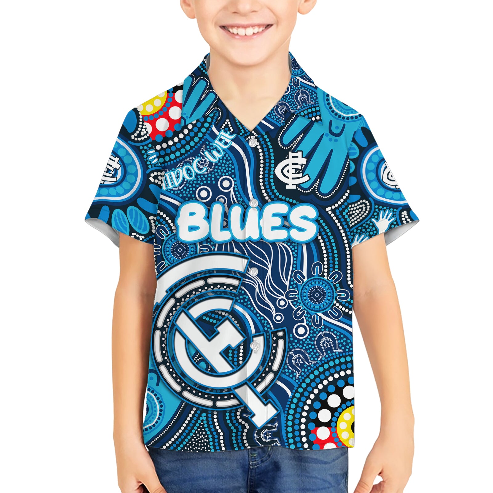 Personalised NAIDOC Week 2024 Carlton Blues Kid Hawaiian Shirt Australian Aboriginal Hand Painting