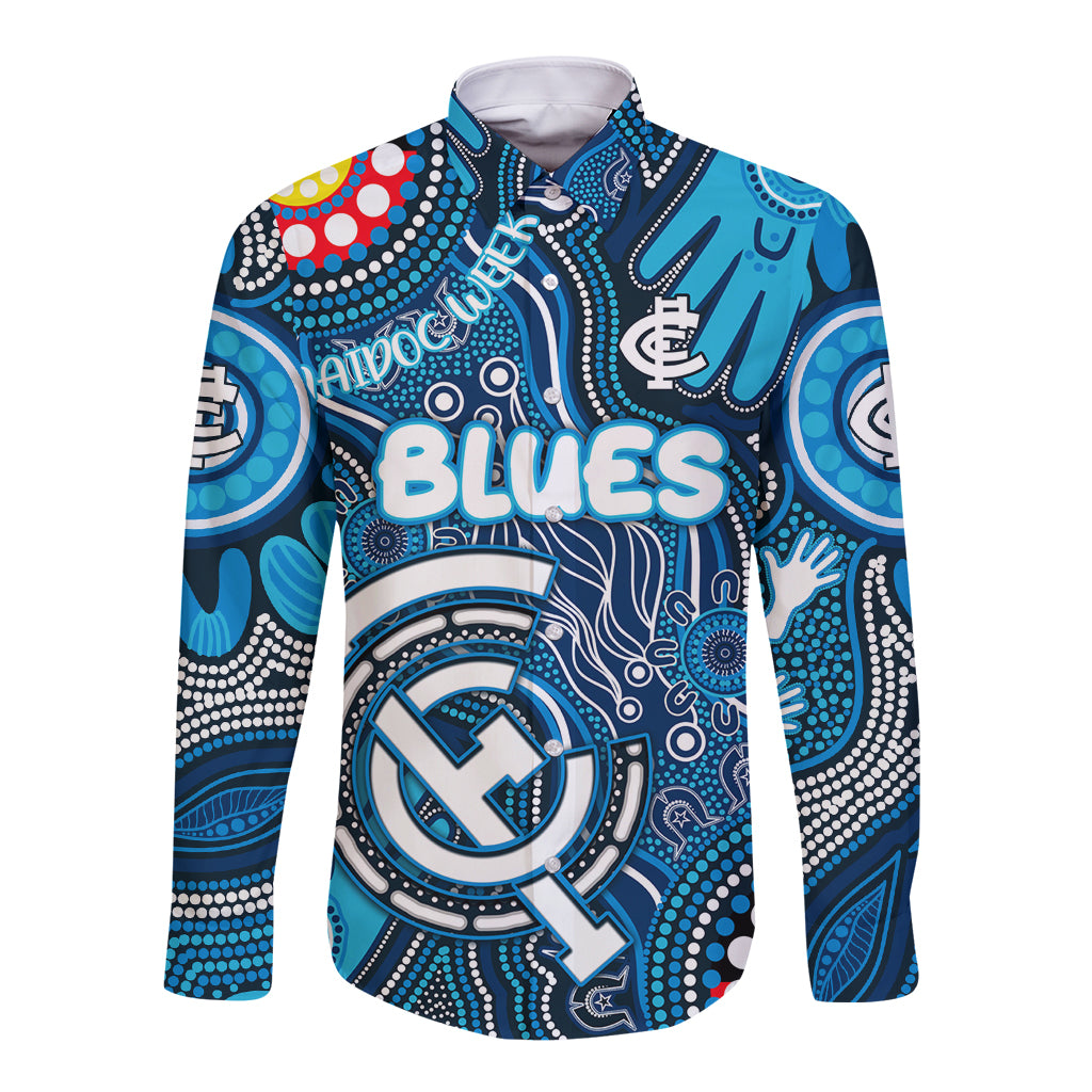 Personalised NAIDOC Week 2024 Carlton Blues Long Sleeve Button Shirt Australian Aboriginal Hand Painting