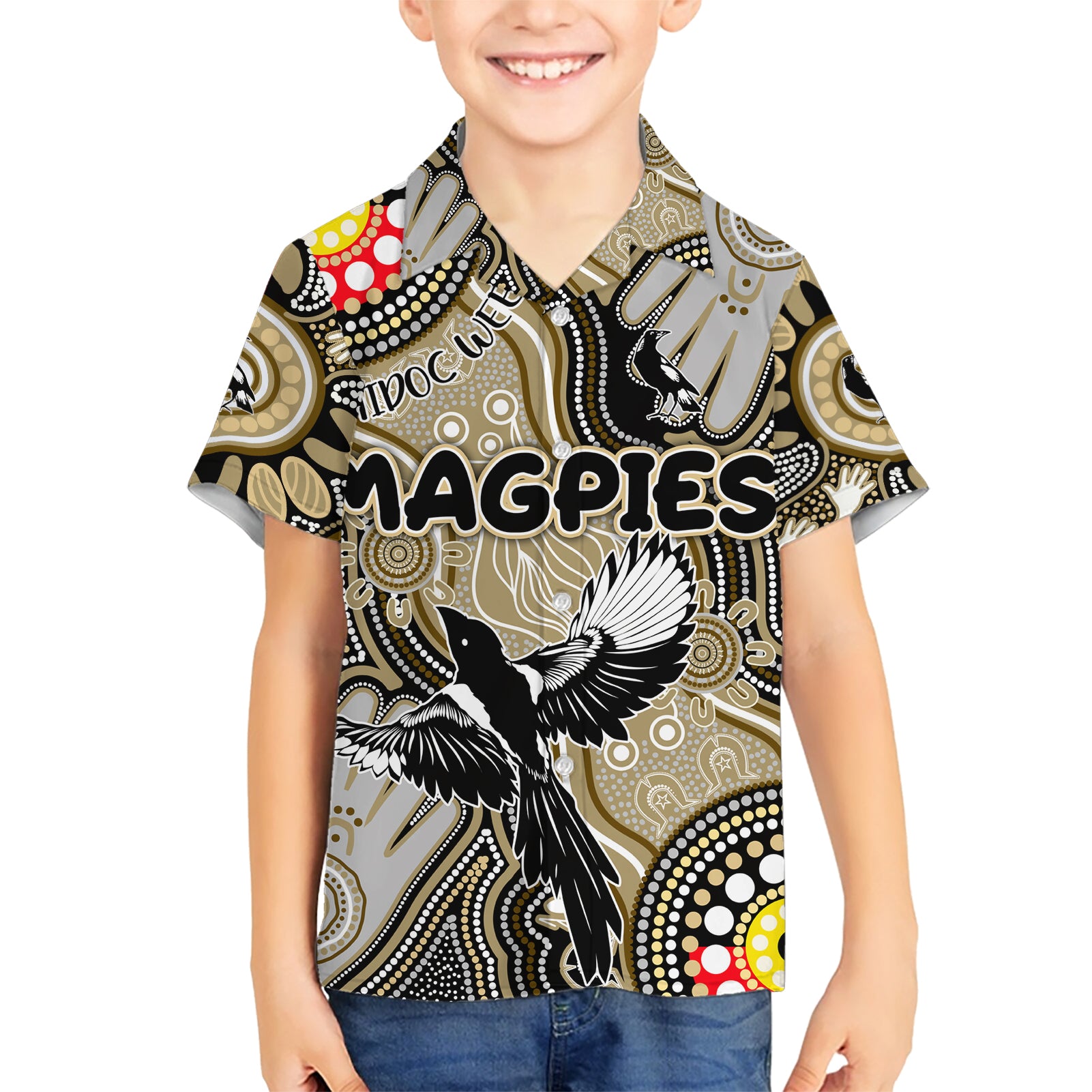 Personalised NAIDOC Week 2024 Collingwood Magpies Kid Hawaiian Shirt Australian Aboriginal Hand Painting