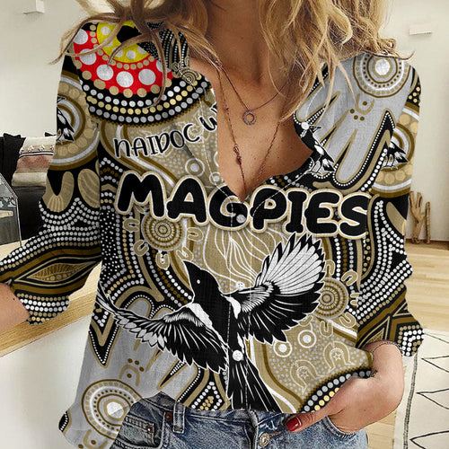 Personalised NAIDOC Week 2024 Collingwood Magpies Women Casual Shirt Australian Aboriginal Hand Painting