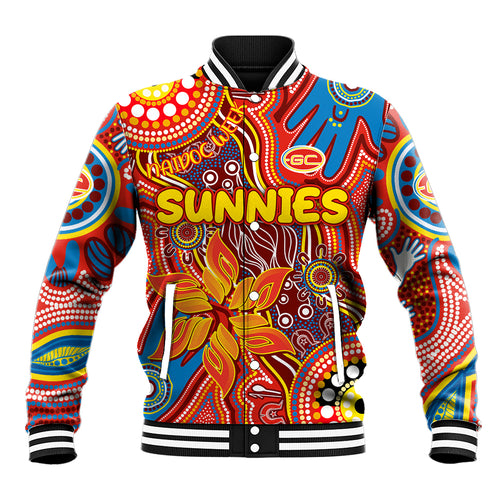 Personalised NAIDOC Week 2024 Gold Coast Suns Baseball Jacket Australian Aboriginal Hand Painting