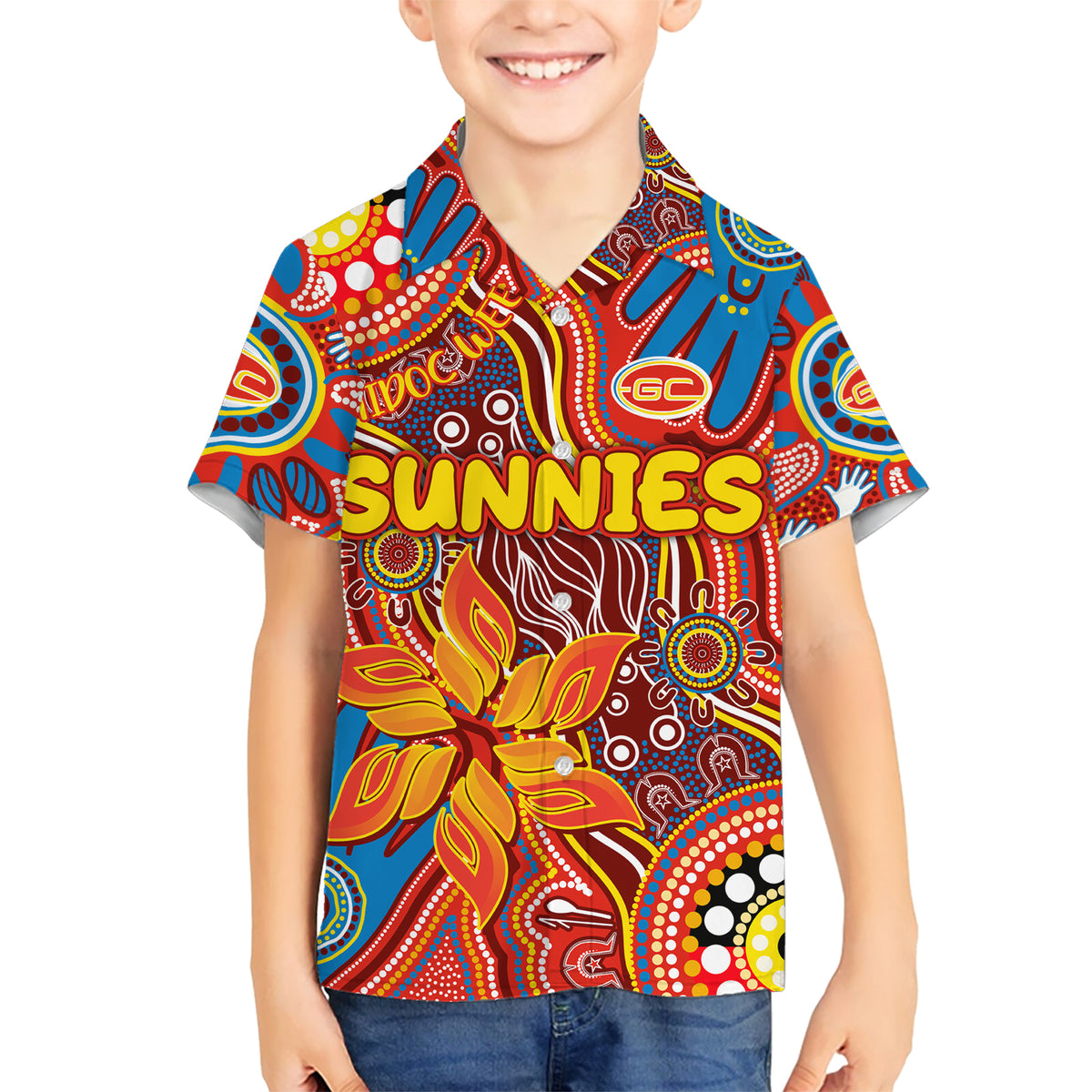 Personalised NAIDOC Week 2024 Gold Coast Suns Kid Hawaiian Shirt Australian Aboriginal Hand Painting