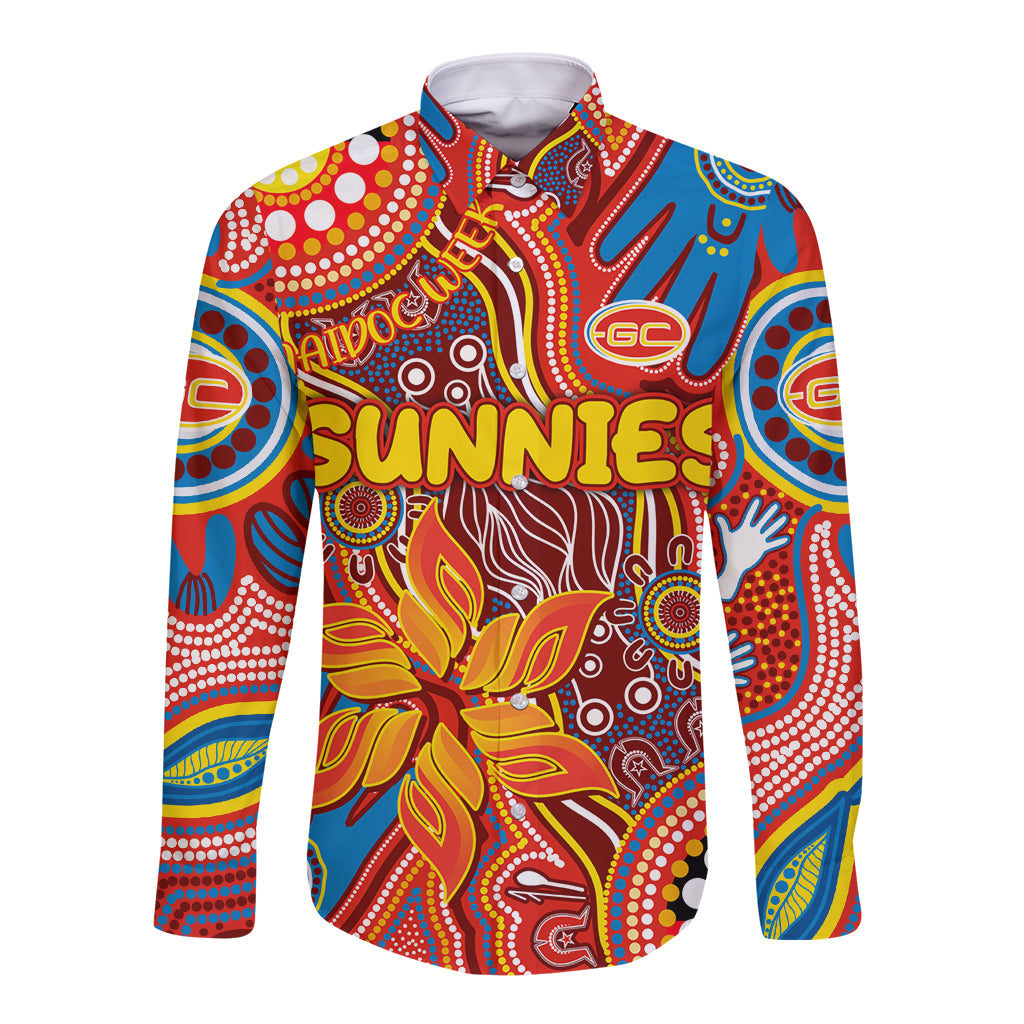 Personalised NAIDOC Week 2024 Gold Coast Suns Long Sleeve Button Shirt Australian Aboriginal Hand Painting