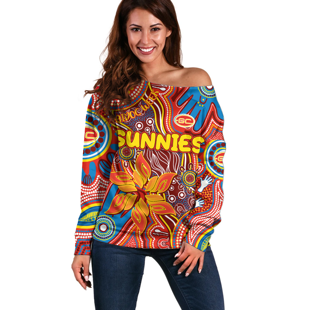 Personalised NAIDOC Week 2024 Gold Coast Suns Off Shoulder Sweater Australian Aboriginal Hand Painting