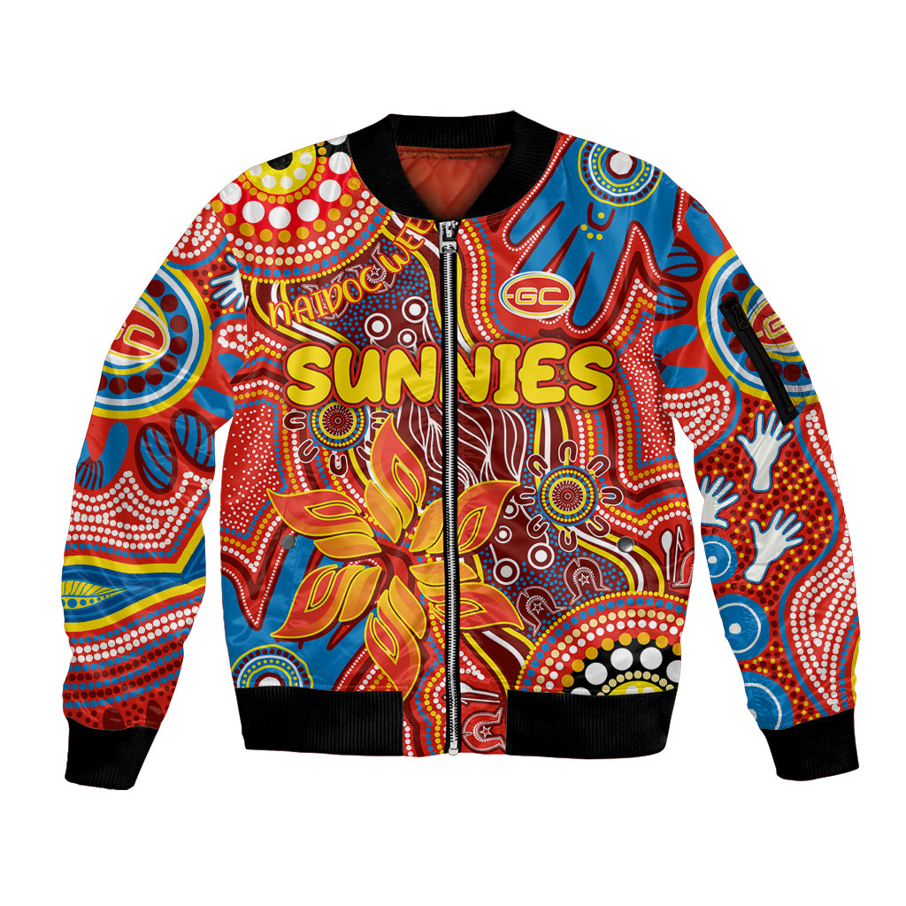 Personalised NAIDOC Week 2024 Gold Coast Suns Sleeve Zip Bomber Jacket Australian Aboriginal Hand Painting