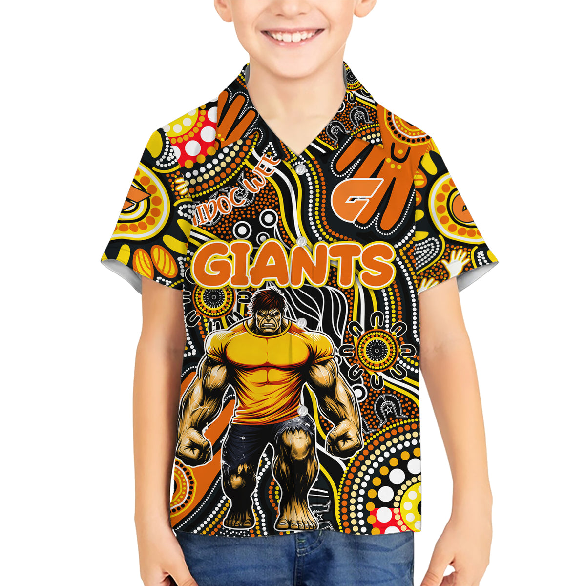 Personalised NAIDOC Week 2024 GWS Giants Kid Hawaiian Shirt Australian Aboriginal Hand Painting