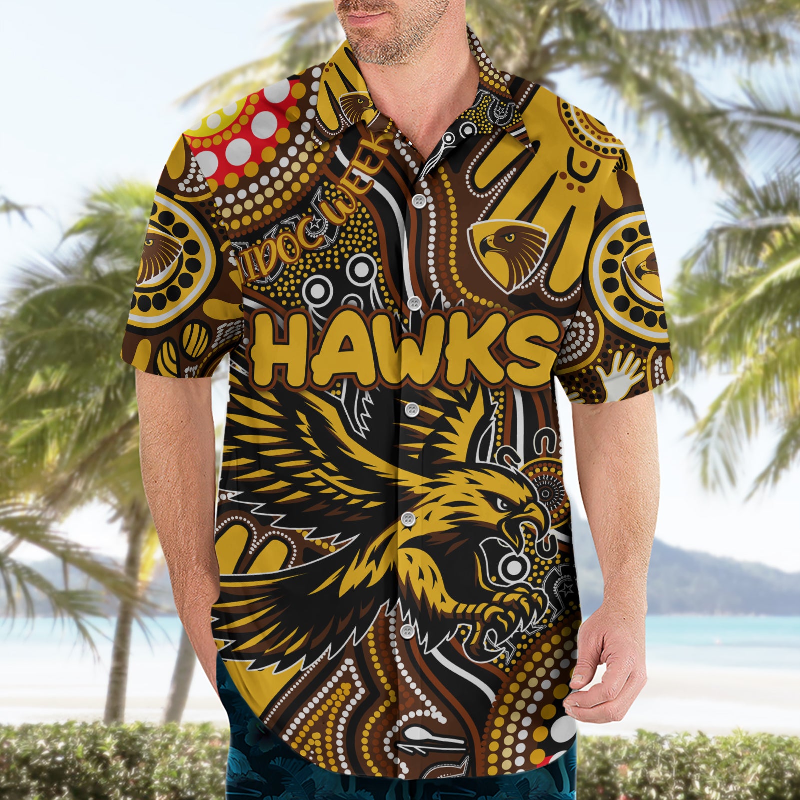 Personalised NAIDOC Week 2024 Hawthorn Hawks Hawaiian Shirt Australian Aboriginal Hand Painting