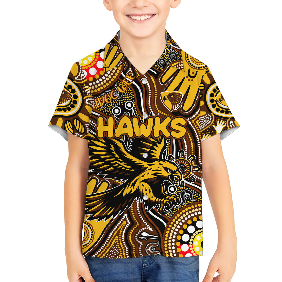 Personalised NAIDOC Week 2024 Hawthorn Hawks Kid Hawaiian Shirt Australian Aboriginal Hand Painting