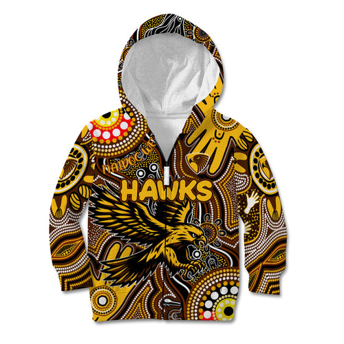 Personalised NAIDOC Week 2024 Hawthorn Hawks Kid Hoodie Australian Aboriginal Hand Painting