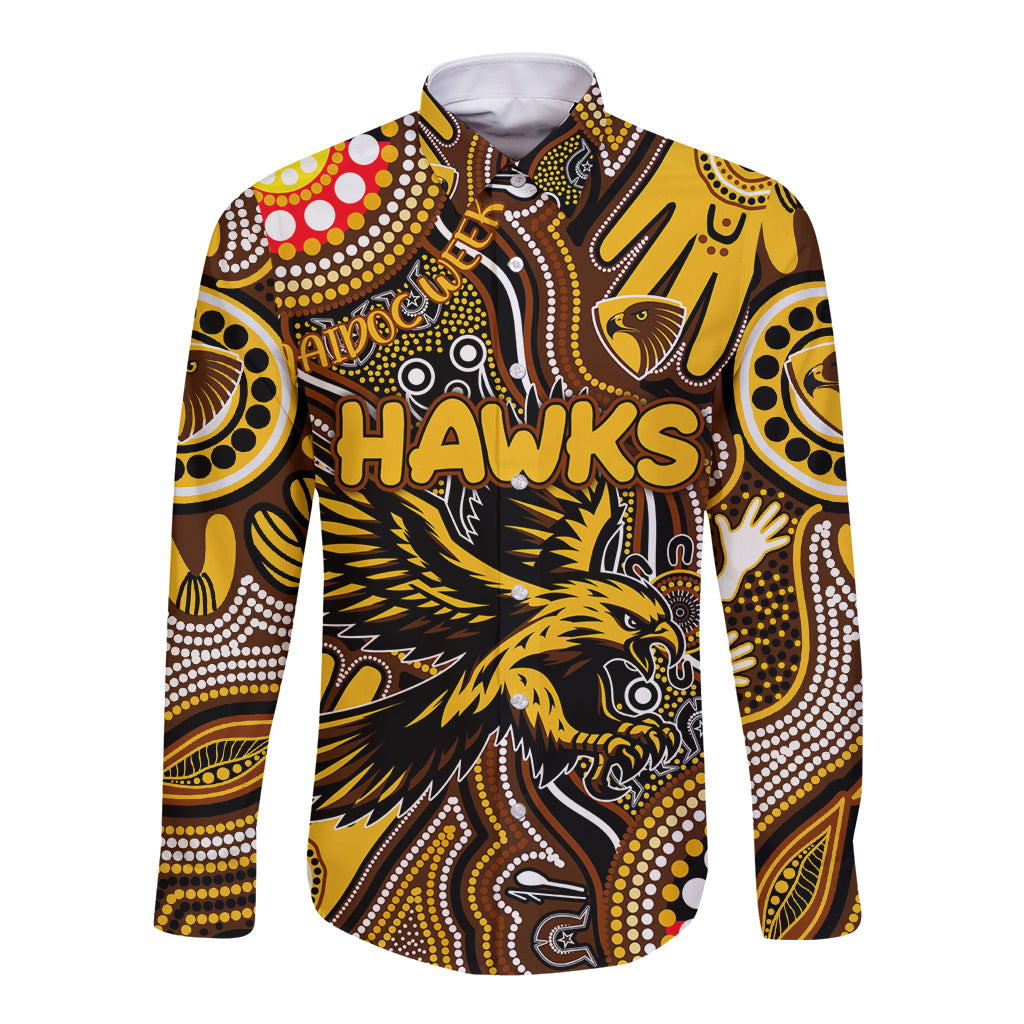 Personalised NAIDOC Week 2024 Hawthorn Hawks Long Sleeve Button Shirt Australian Aboriginal Hand Painting