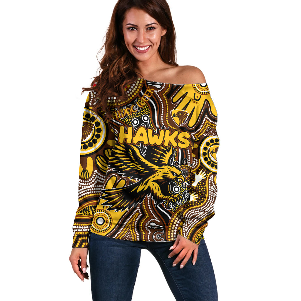 Personalised NAIDOC Week 2024 Hawthorn Hawks Off Shoulder Sweater Australian Aboriginal Hand Painting